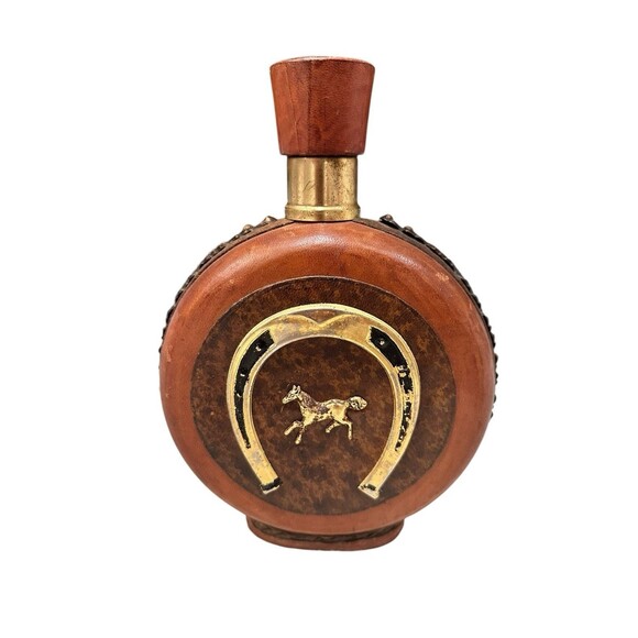 Vtg Italian Mid Century Leather Wrapped Decanter Flask Horse Horseshoe Barware - Picture 1 of 8